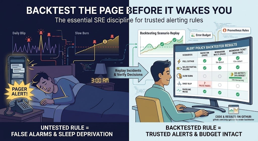 Illustration for 'Backtest the Page Before It Wakes You,' depicting incident scenarios replayed through alert policies to measure false pages, detection latency, and alert reset time before a policy is trusted in production.